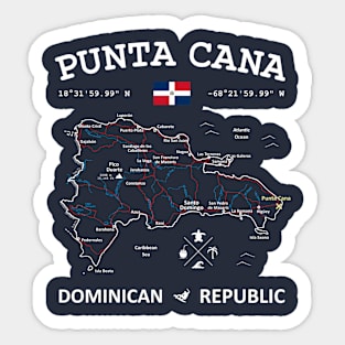 Punta Cana Dominican Republic Travel Map Flag Coordinates Roads Rivers and Oceans Sticker